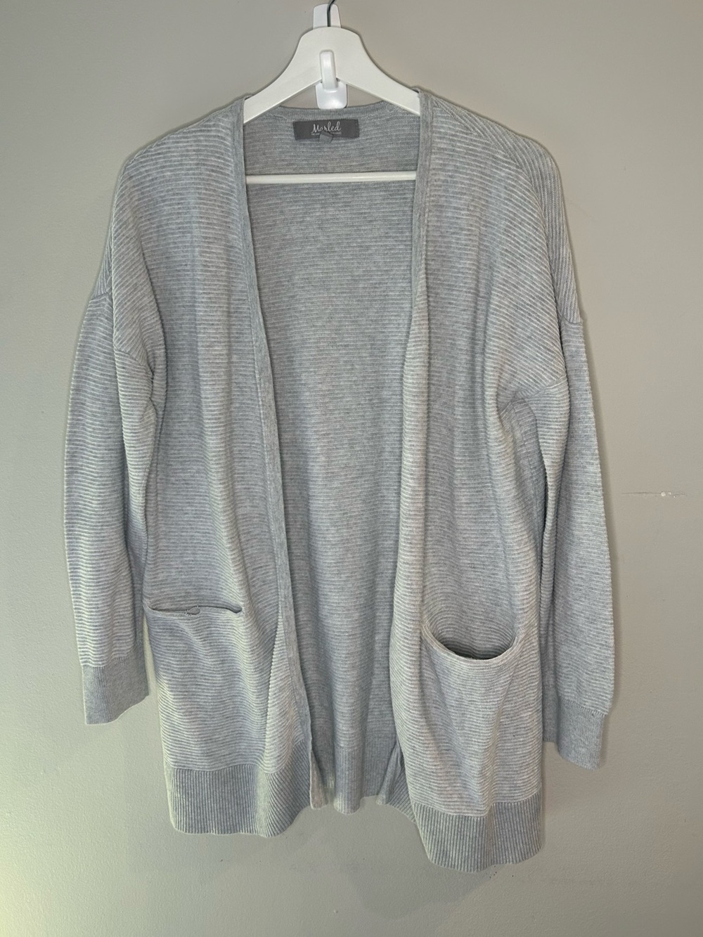 Marbled Light Gray Open-Front Ribbed Cardigan Sweater Large